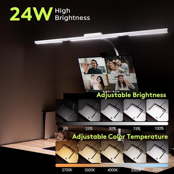 Стіл лампа з 3 джерелами світла, 24W, 100см, денне світло, з пультом керування, регульована яскравість, лампа для офісу та дому (Mattweiß)