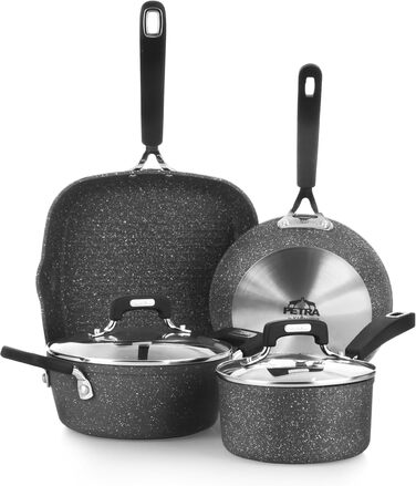 Набір каструль та сковорідок KASANOVA New Petra Dark для індукції та духовки, антипригарне покриття, захист ручок, нержавіюча ложка (6 шт)