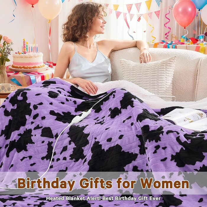 Електрична гріюча ковдра з принтом 'Корова', подвійний розмір, 157 x 213 см, фіолетовий колір, 10 режимів нагріву, автоматичне вимкнення через 8 годин, флісова та шерпа ковдра, тепла, подарунок для жінок, 62'x84' ковдра з принтом 'Високогірна корова'