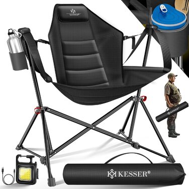 Крісло-гойдалка KESSER® для кемпінгу та риболовлі, 160 кг, з підсвіткою та тримачем для напоїв, сіре (чорне)
