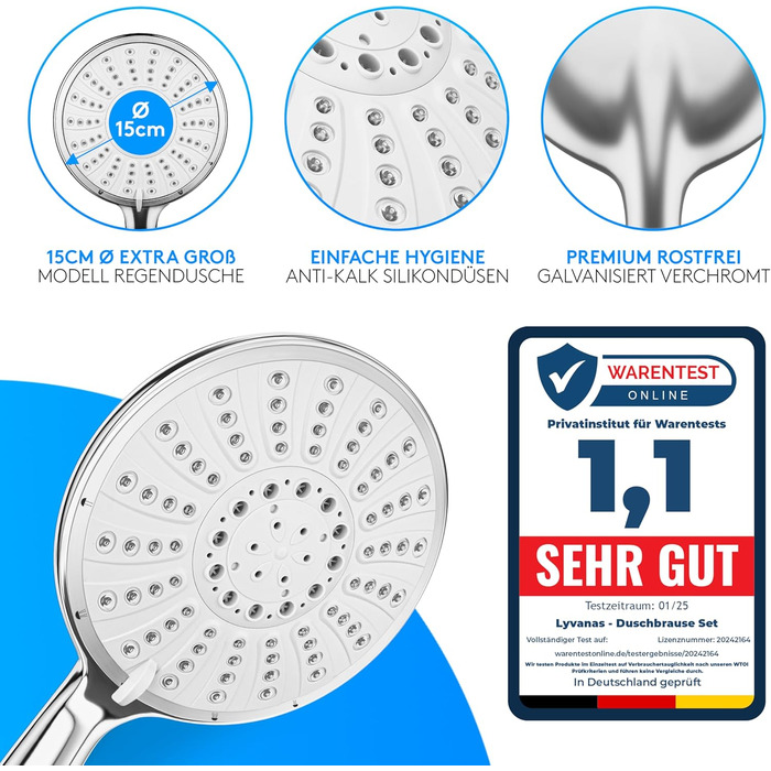 Lyvanas - TEST WINNER - Shower Head with Hose and Holder - Shower Head for Shower & Bathtub in Extra Large (Ø15cm) - Wellness Rain Shower with 5 Spray Patterns (Premium Set 2025)