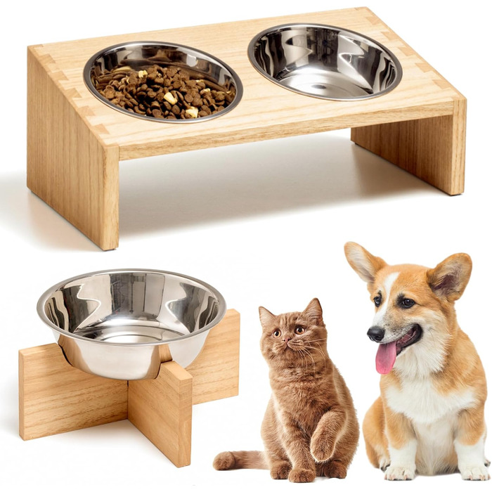 Підвищені годівниці для котів та собак KIRIGEN - дерев'яна станція для годування з 3 знімними мисками з нержавіючої сталі, годівниця для котів та дрібних тварин, натуральний колір