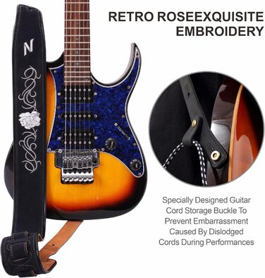 Гітарний ремінь Nefelibata з вишивкою троянд, 2.7', подвійний, з баварської шкіри, з пінополіуретановим наповнювачем, для акустичної, бас та електрогітари