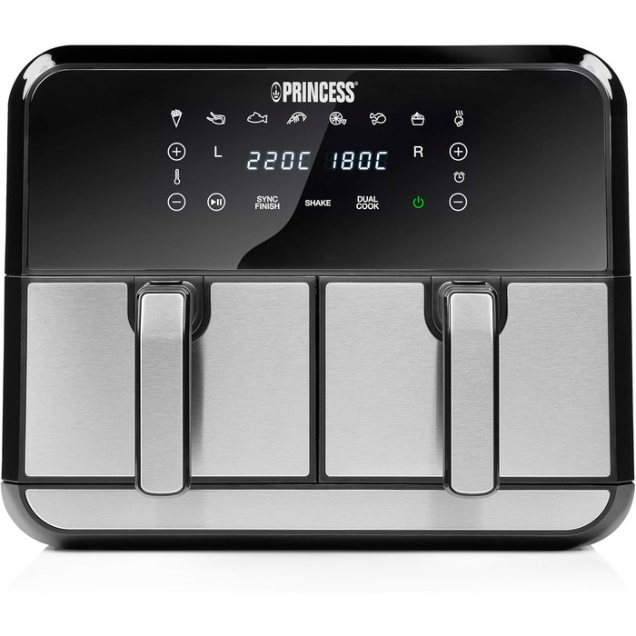 Princess Double Chamber Air Fryer with 2x4L Capacity – 62.2% Less Energy Consumption – Separate Temperatures for 2 Compartments – 8 Programs – 182074, 1700 Watts, 38.4 x 37.4 x 30.8 cm 2x4L Double Chamber Air Fryer Silver