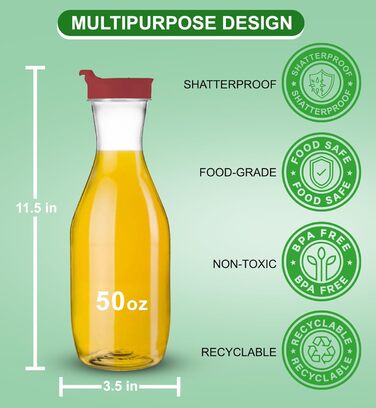 Party Bargains Plastic Carafe with Lid, Transparent, 12 Pieces, Red Flip-Top Lid, Premium Quality and Robust Plastic Pitcher for Iced Tea, Powdered Drink Mix, Cold Brew, Mimosas