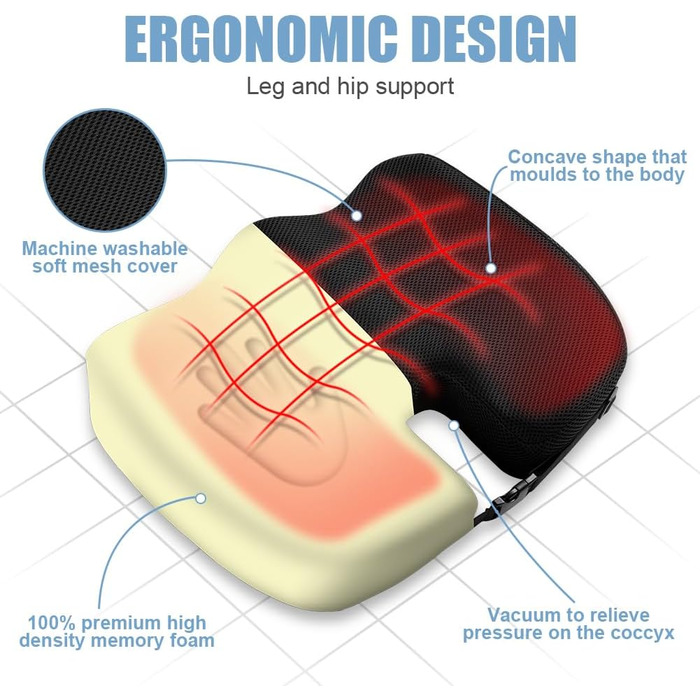 Подушка для сидіння Ainiv, ергономічна подушка з Memory Foam для офісного крісла, інвалідного візка, автомобіля. Чорна подушка для сидіння.
