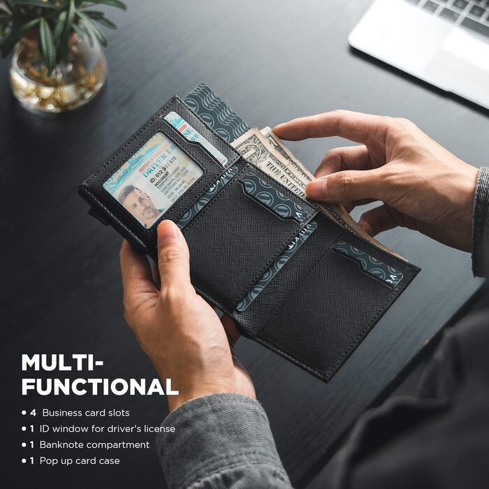 Чоловіче шкіряне картхолдер VULKIT з RFID-блокуванням, відділенням для грошей та віконцем для посвідчення (креуц-чорний)