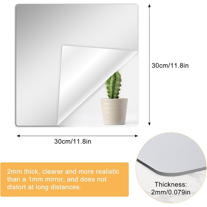 12 акрилових дзеркал самоклеючих 20x20 см, плитка дзеркал для стін, наклейні дзеркала для ванної кімнати, вітальні, шафи