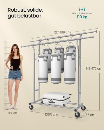 SONGMICS Стійка для одягу з металу, до 110 кг, на коліщатках, 129-169 см, хром HSR12S