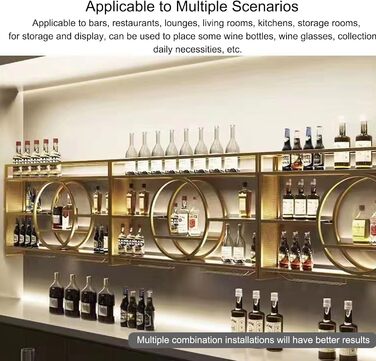 Настінна вітрина для вина з металу, 140 см, з утримувачем для келихів та LED-підсвічуванням, для бару, вітальні, кухні, чорний/золотий