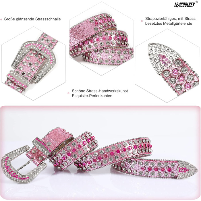 LEACOOLKEY Ремінь з стразами для чоловіків та жінок, блискучий вестерн кантрі ковбойський ремінь з ніти, для джинсів, штанів, суконь, розмір S (73-82 см), загальна довжина 105 см, колір G-рожевий (срібна пряжка)