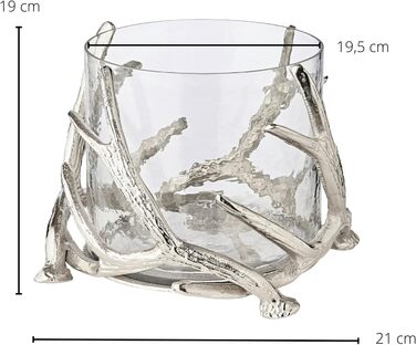 EDZARD Hurricane Candle Holder Kingston, Deer Antler Design, Silver, Nickel-Plated Aluminum, with Glass, Height 13 cm, Diameter 15 cm (Height 20 cm, Diameter 25 cm)
