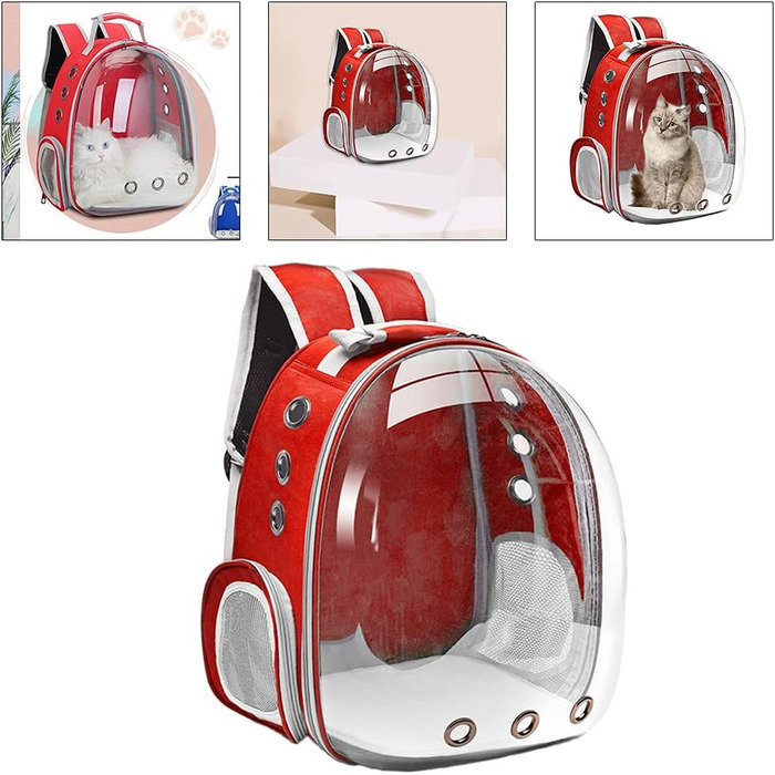 MagiDeal Преміум рюкзак-переноска для кота, велика прозора сумка-переноска для домашніх тварин, портативна вентильована переноска для кота/маленької собаки, водонепроникна для використання на вулиці (червона)