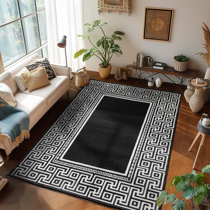 Килим для вітальні, спальні, їдальні, коридору, кухні. Сучасний килим з малюнком у клітинку, м'який, з коротким ворсом, легкий у догляді. Чорний, 140 x 200 см
