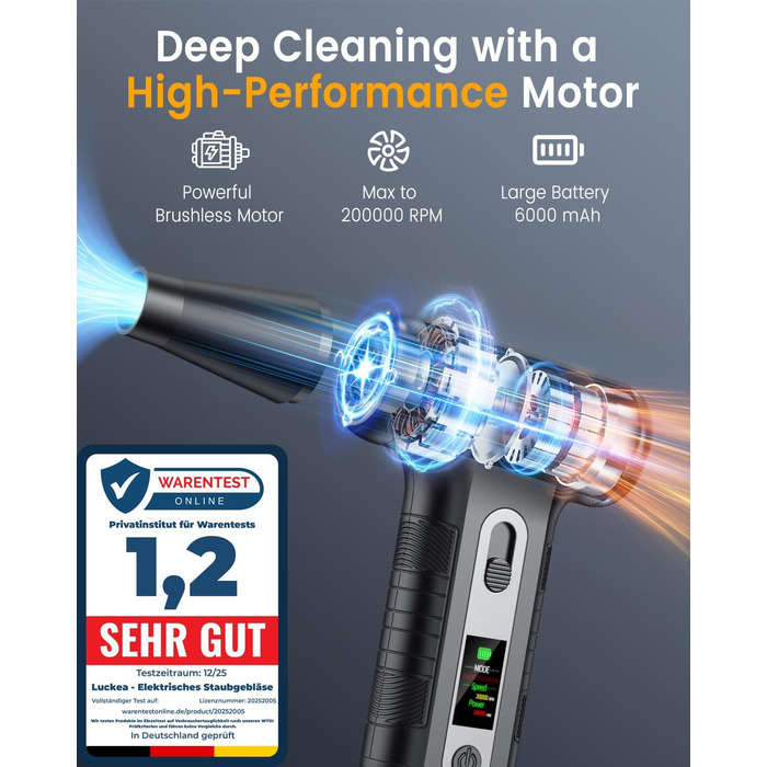 Електричний пилосос для повітря з HD-дисплеєм - Air Duster 200000 RPM з LED-підсвічуванням, міні-пилосос на акумуляторі, спрей стисненого повітря для чищення ПК, повітряний пилосос для клавіатури, дому, авто, W06 (чорний)