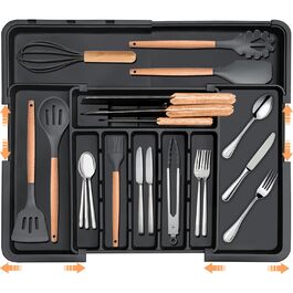 Органайзер для столових приборів в шухляду, розширюваний, чорний. Тримач для ложок, виделок, ножів. Регульований роздільник для кухонних ящиків