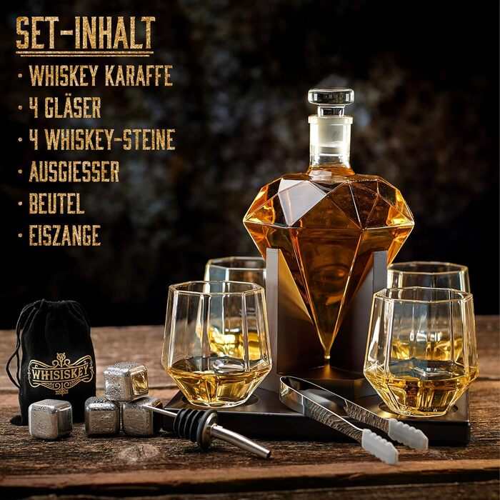 Набір віскі Whiskey Karaffe Set: декантер, 4 склянки, 4 камені для віскі, подарункова коробка, 1000 мл