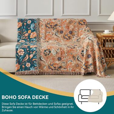 Богемна ковдра Boho 150x200 см з 100% бавовни, двостороння муслінова ковдра, плед для дивану та ліжка, patchwork, літня ковдра для вітальні, зелено-бежева (230x250 см, квіти та птахи)