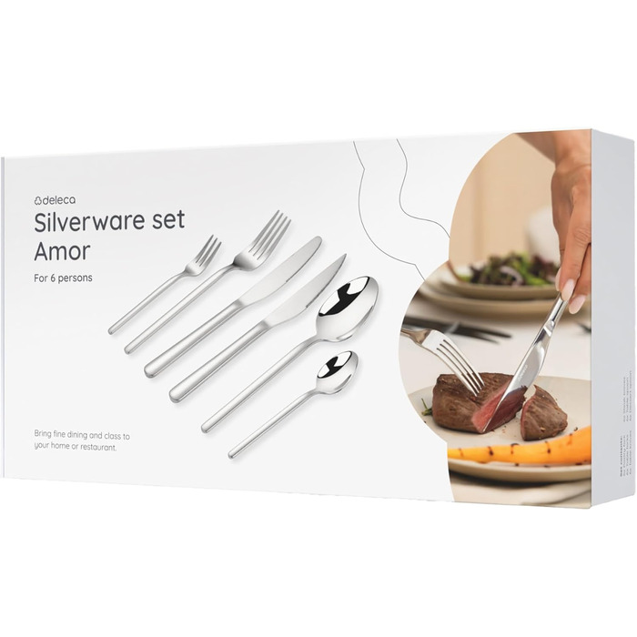 Набір столових приборів 36 предметів з нержавіючої сталі 18/0 на 6 осіб, сріблястий: ножі, виделки, ложки, ніж для стейка, виделка для торта, для повсякденного використання та прийому гостей, безпечні для посудомийної машини