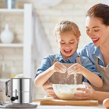 Flour Sifter - 5 Cup Fine Mesh Hand Crank Sifter Stainless Steel with Whisk Wire Loop for Baking, Powdered Sugar Dusting Set