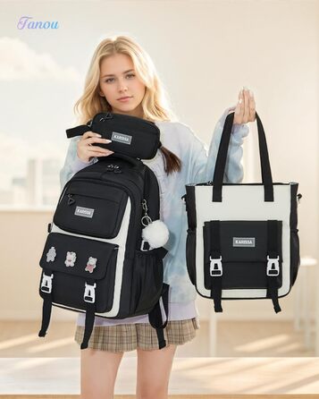 Шкільний рюкзак Tanou для підлітків, чорний, з пеналом та сумкою через плече, відділення для ноутбука 15,6 дюймів