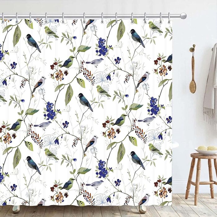 Штора для душу 180x180 см з квітами, антигрибкова, водонепроникна, швидковисихаюча, поліестер, з 12 кільцями (пташки)