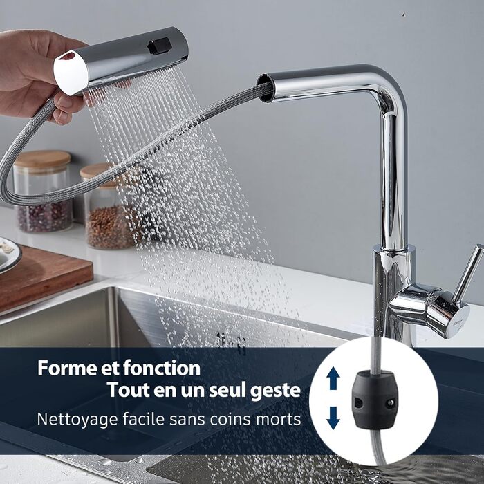 Змішувач для кухні BELZ з висувною лійкою, 3 режими, поворотний на 360°, з нержавіючої сталі SUS304, матовий хром