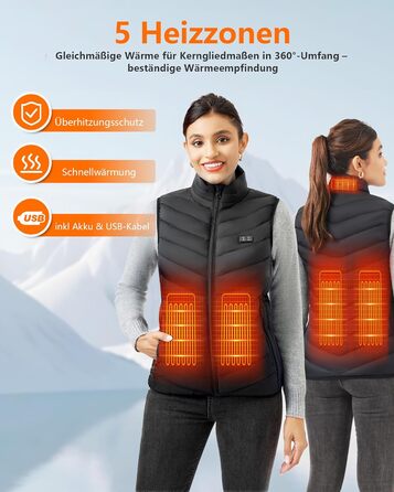 Гріюча жилетка для чоловіків та жінок з акумулятором 10000mAh, 5 зон обігріву, 3 режими температури, подвійне керування, для зимових активностей (L, Світло-чорний)