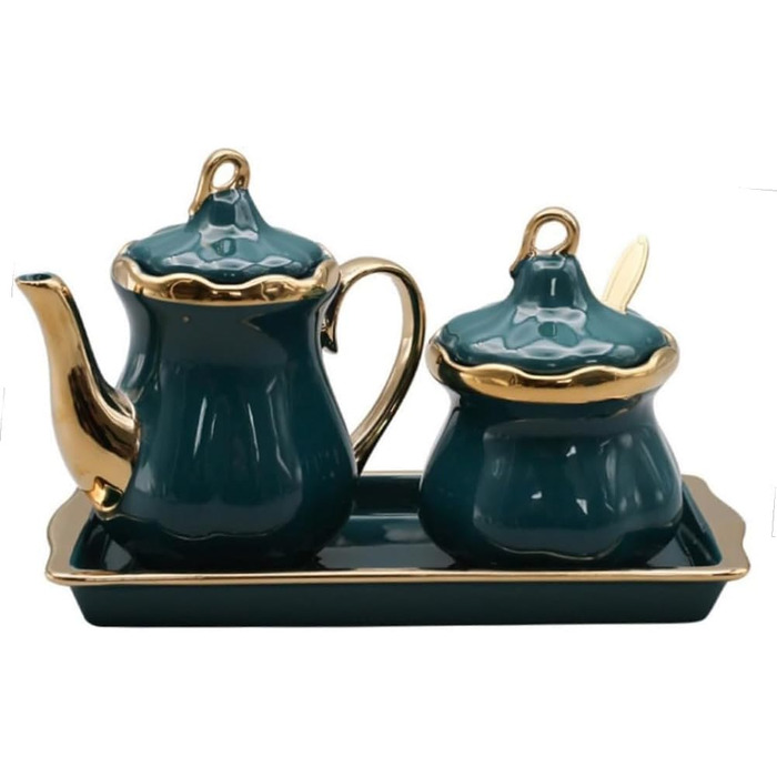 MAGICVOGEL Ceramic Milk Pitcher and Sugar Bowl Set, Sugar Container, Milk Jug with Tray, Spice Jar with Lid and Spoon, Creamer, Coffee Service Set for Home, Cafe, Bar (Green)