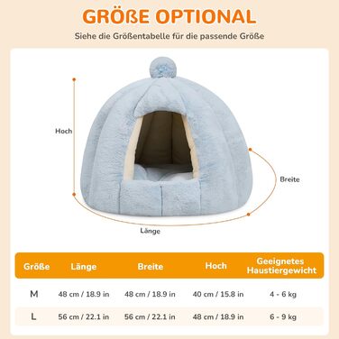 Кішка/Собака, Будинок-Печера ALLSOPETS, Igloo, Зйомний М'який Кисень, Для Маленьких і Середніх Тварин, Глетчер Блакитний, L