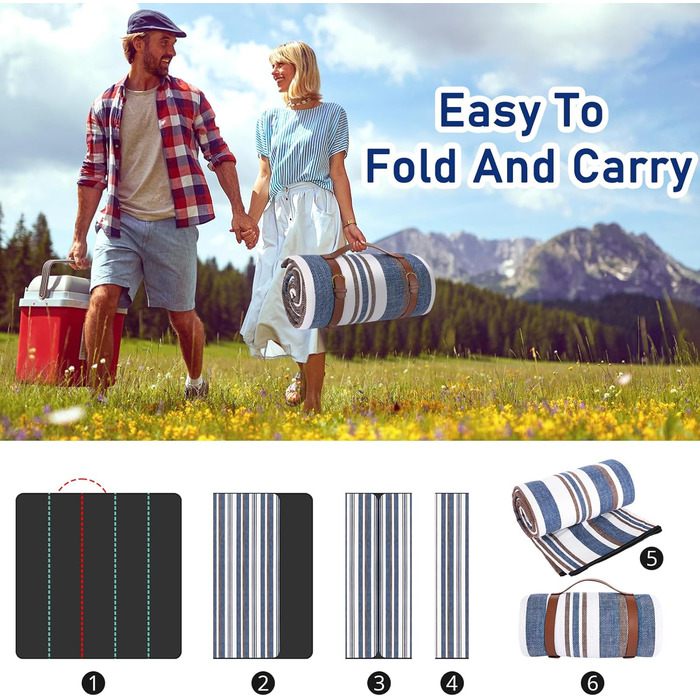 Пікнік-дека Timirock смугаста, 203x203 см, велика, водовідштовхувальна, складана, для пляжу, кемпінгу, відпочинку на природі (блакитно-біла)