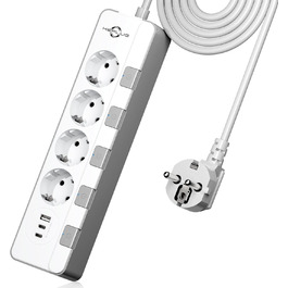 Мережевий фільтр KEPLUG з USB-портами (4000W, 16A) - розетка з 2 Type C, USB-A, дитячий захист, 2 м кабель