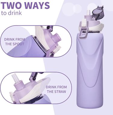 1 liter / 1l Drinking Bottle Glass with Straw BPA Free Glass Bottle with Silicone Sleeve Borosilicate Glass Water Bottle (Light Purple)
