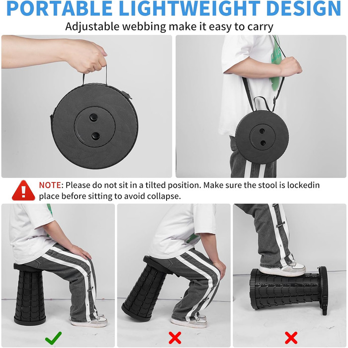 Крісло-телескоп для кемпінгу, регулювання висоти 6-45 см, вантажопідйомність 181 кг, портативне з ремінком для перенесення (Чорний, 2 шт.)