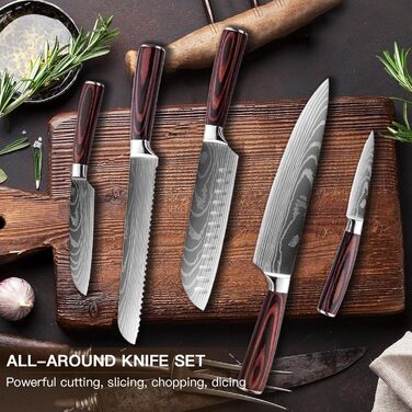 Набір кухонних ножів 5 шт. з нержавіючої сталі, преміум якість, ергономічні дерев'яні ручки, професійний кухонний набір, подарункова коробка