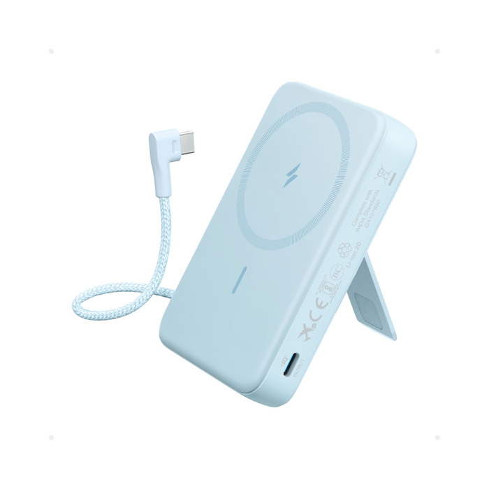 Магнітний павербанк Anker Zolo 10000mAh 30W з вбудованим кабелем USB-C та підставкою, бездротове швидке заряджання для iPhone 17/16/15, AirPods, синій