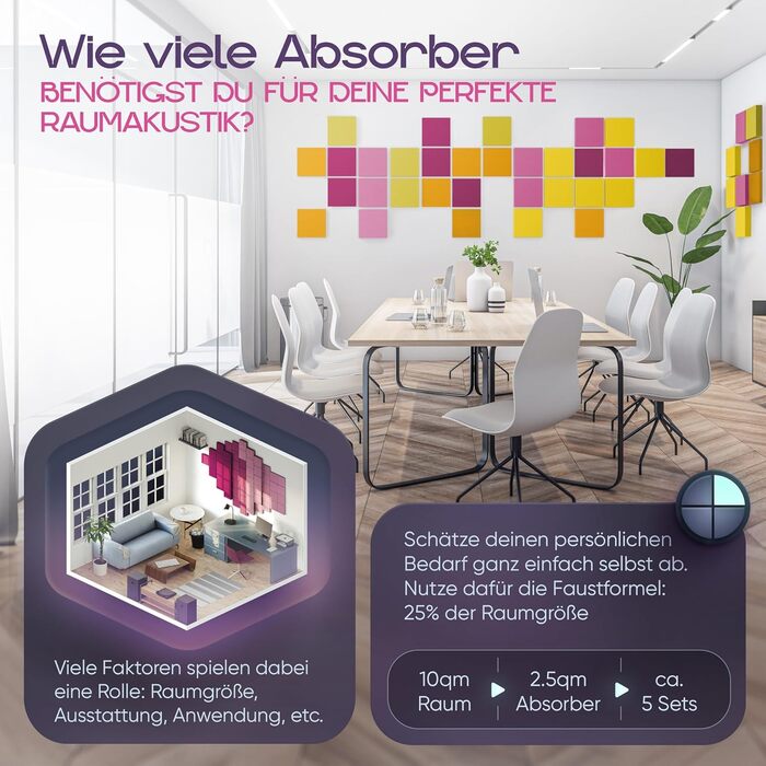 Акустичні панелі для звукопоглинання 3D, набір 8 шт, квадратні стінові панелі з градієнтом 'Sunny Shades' / 'Magnolia Shades', виготовлено в ЄС