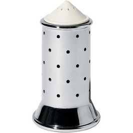 Alessi salt shaker made of stainless steel with lid and closure made of PA, white, 3.5 x 7 x 8.5 cm