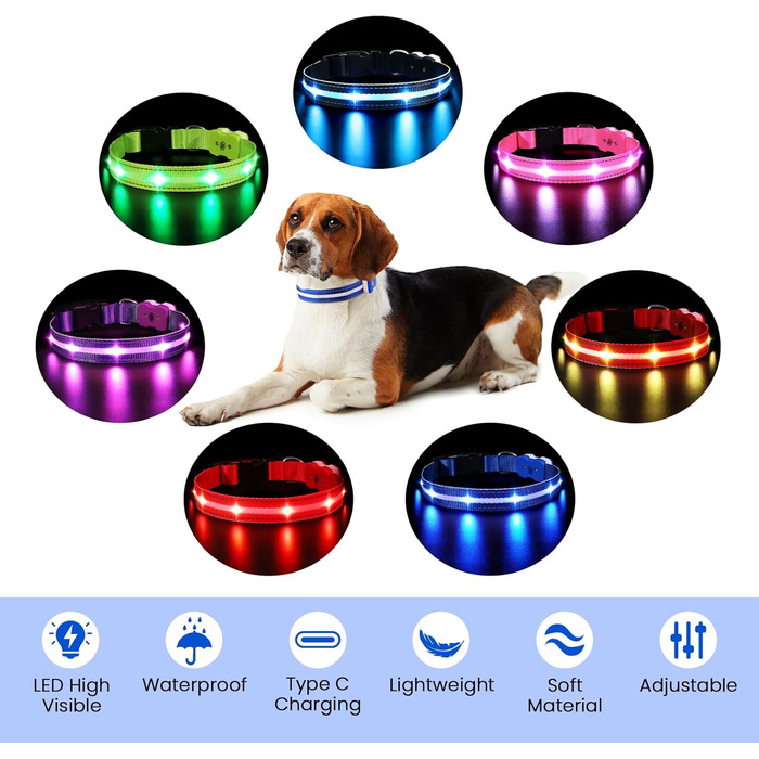 Світлодіодна нашийник для собак ASBRILL з підзарядкою, 7 кольорів RGB, 8 світлодіодів, регульований, вологостійкий, для малих, середніх та великих собак (S, Blue)