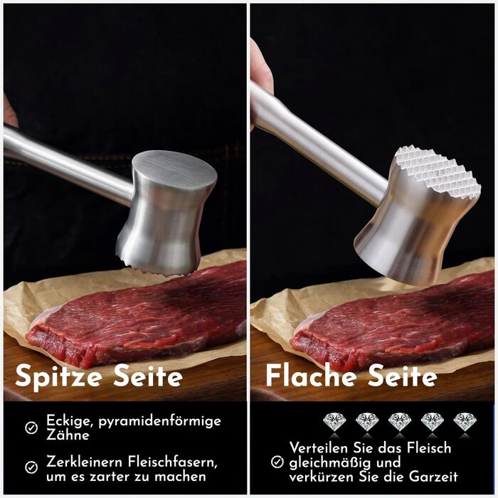 Ніж для відбивання м'яса Fleischklopfer з нержавіючої сталі, подвійний, для стейків, курки, свинини та яловичини, кухонний інструмент з 5-річною гарантією