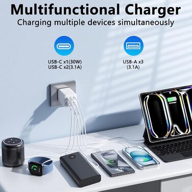 Зарядний пристрій USB-C 60W, 6 портів (3x USB-C, 3x USB-A), PD+QC швидка зарядка, адаптер живлення для iPhone 14/15/16/17, Samsung S24/S23/S22 - Білий