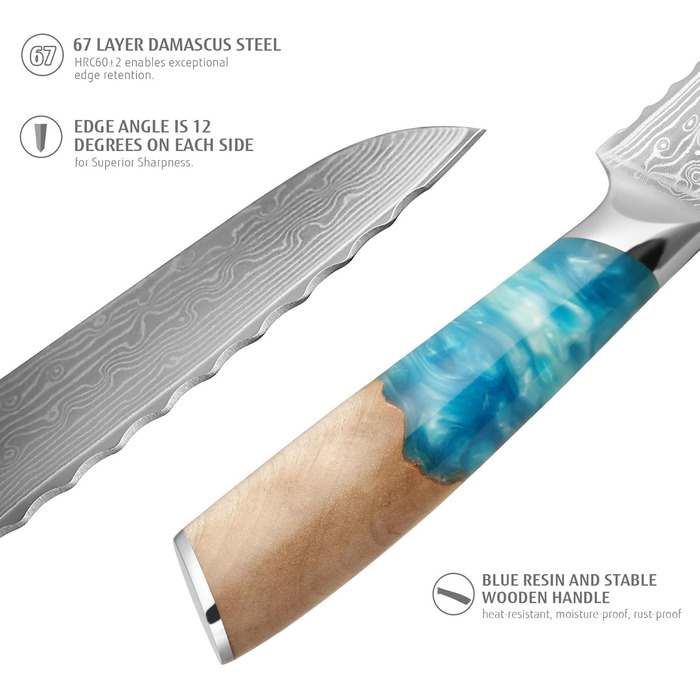 Японський ніж з дамаської сталі Hecef, 20 см, професійний кухонний ніж з ергономічною ручкою з смоли, 67 шарів, з захистом для ножа, подарунок для шеф-кухаря та любителів кулінарії