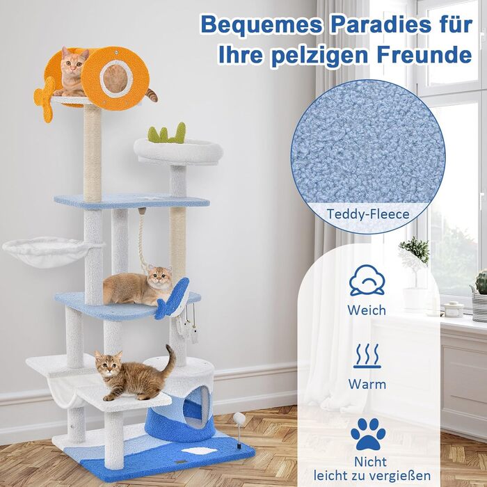 Котячий будиночок COSTWAY Ocean: когтеточка, лежанка, гамак, іграшки (блакитний, 165 см)