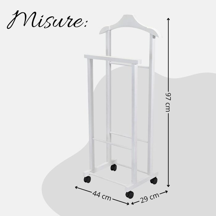 Tomaino - Valet's Bedroom Wood - Clothes Rack with Wheels Ambrogio - Modern Valet for Clothing and Accessories (White)