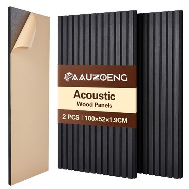 Акустичні панелі з дерев'яного шпону самоклеючі, набір 2 шт (100x52 см), звукопоглинаючі стінові панелі для шумоізоляції та декору вітальні, офісу (Чорний)