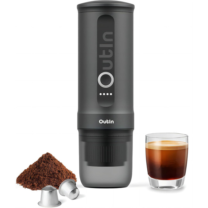 Outin Nano Portable Electric Espresso Machine, Camping Coffee Maker, Self-Heating with USB-C, Compatible with Ground Coffee & Nespresso Capsules, Space Gray