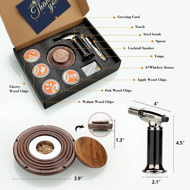 Dad's Gift Christmas, Cocktail Smoker Kit, Whiskey Stones, Torch Lighter, Old Fashioned Whiskey Smoker Drinks Kit, Cocktail Accessories for Drinks, Bourbon Walnut (Butane Not Included)