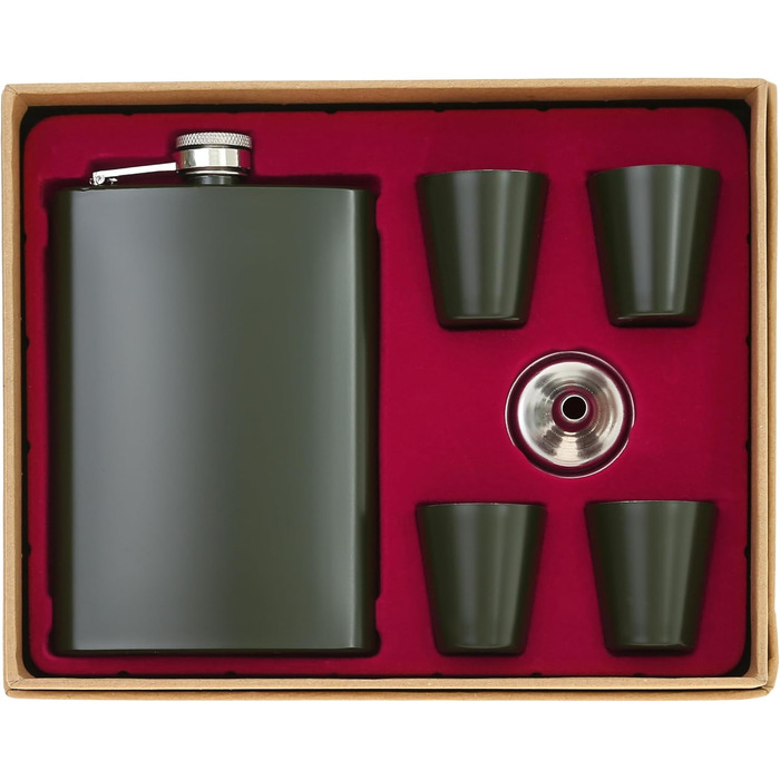 Набір фляга з нержавіючої сталі з келихом та воронкою • Військовий дизайн • Зелений • 9 oz / 265 ml • Для піших прогулянок