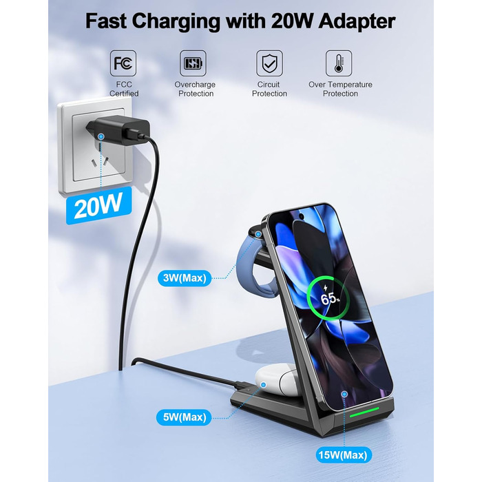 Бездротова зарядка NANAMI 3-в-1 для Google Pixel Watch 3/2, Fitbit Versa 4/3, Pixel 10 Pro/10/9/9a/8/7, Pixel Buds Pro 2 (Чорний)