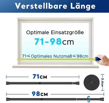 Штанга для карнизів без свердління – Ø 25 мм, 1 шт. Регульована телескопічна штанга для кріплення, для штор, душової завіси та гардеробу (Чорний, 71-98 см)